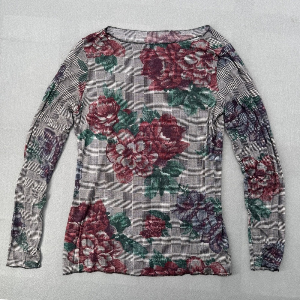 Y2K Plaid Floral Long Sleeve Sheer Mesh Top S Stretchy Grunge Whimsigoth Indie